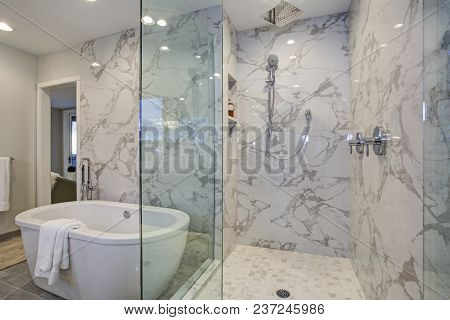 White And Gray Calcutta Marble Bathroom Design