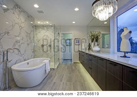 White And Gray Calcutta Marble Bathroom Design