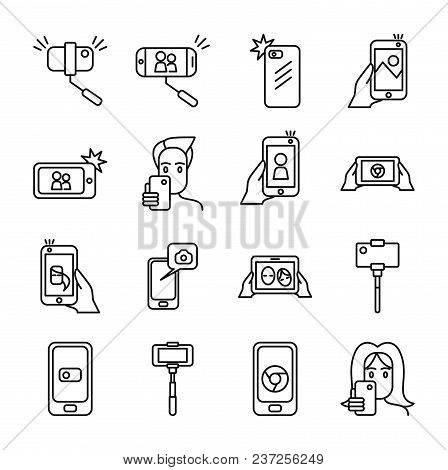 Set Of Selfie Related Vector Line Icons. Includes Such Icons As Monopod, Selfie Stick, Smartphone, C