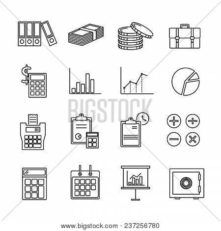Set Of Accounting Related Vector Line Icons. Includes Such Icons As Accountant, Account, Money, Calc