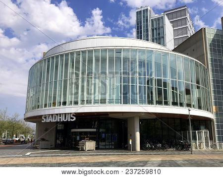 Almere, Flevoland, The Netherlands - March 22, 2018: Town Hall In Almere Stad. The City Hall Was Bui