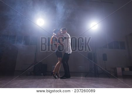 Beauty Couple Dancing Social Danse Kizomba Or Bachata Or Semba Or Taraxia On Grey Background