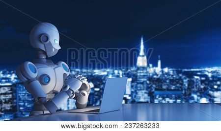 Robot Using A Laptop Computer In City, Artificial Intelligence In Futuristic Technology Concept, 3d 