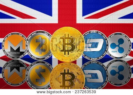 Cryptocurrency Coins - Bitcoin (btc), Monero (xmr), Zcash (zec), Ripple (xrp), Dash On The Backgroun