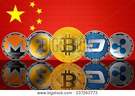 Cryptocurrency Coins - Bitcoin (btc), Monero (xmr), Zcash (zec), Ripple (xrp), Dash On The Backgroun