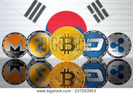 Cryptocurrency Coins - Bitcoin (btc), Monero (xmr), Zcash (zec), Ripple (xrp), Dash On The Backgroun
