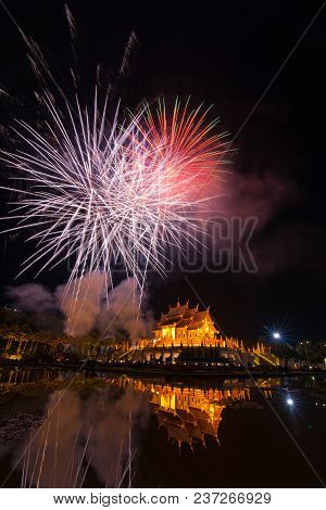 Fireworks Celebrate The New Year 2018 At Rajapruek Royal Park, Chiang Mai With Beutiful Light Of Hor
