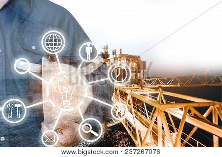 Double Exposure Of Engineer Or Technician Man With Industry Tool Icons For Management Business By Ho