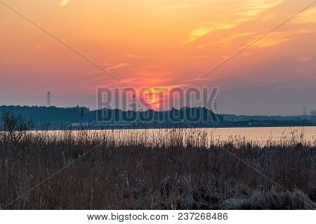 A Late March Sunset Over Lake Inba-numa In Chiba Prefecture, Japan.
