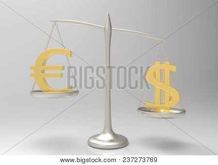 3d Rendering. A Golden Dollar Is Heavy Than Euro Currency Sign On Silver Balance Scale. The Heavest 
