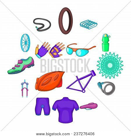 Bicycling Icons Set In Cartoon Style. Bike Equipment Set Collection Vector Illustration