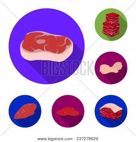 Different Meat Flat Icons In Set Collection For Design. Meat Product Vector Symbol Stock  Illustrati