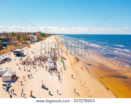 April 22, 2018. Jurmala, Latvia. Aerial View From Drone On People Running On Marathon Event On The B