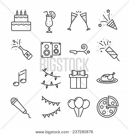 Set Of Party Related Vector Line Icons. Contains Such Icon As Cake, Alcohol, Glass, Fireworks, Poppe