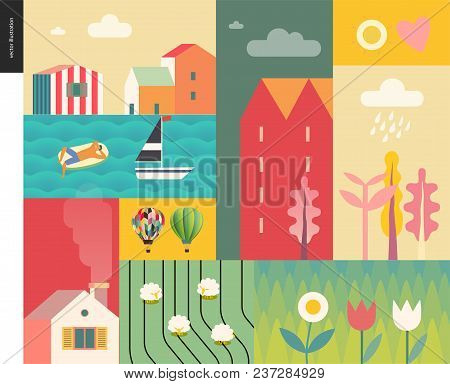 Idillic Summer Landscape - Countryside, Town, Travel And Vacation Camp Concept - Collage Of Trees, F