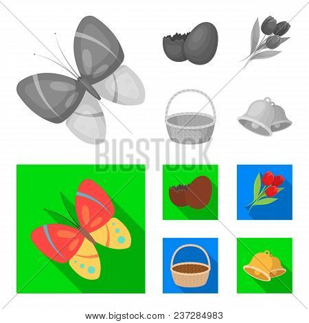 Chocolate Egg, Bells, Basket And Flowers.easter Set Collection Icons In Monochrome, Flat Style Vecto