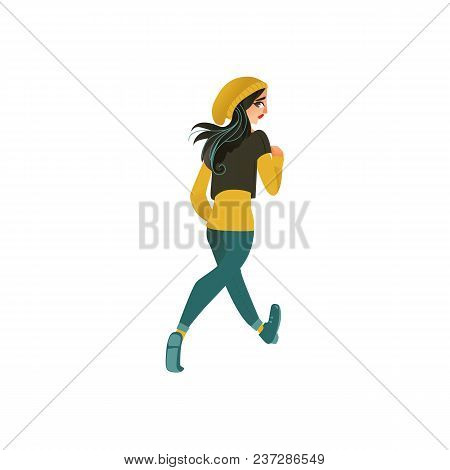 Young Sportive Girl In Athletic Clothing, Running Looking Back. Beautiful Female Character, Redhead 