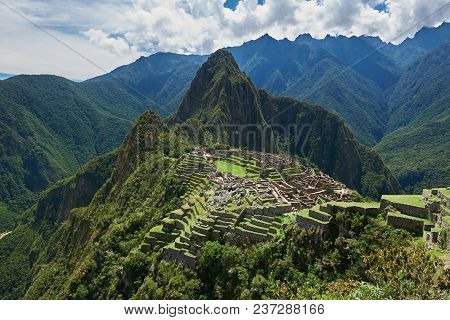 Drone View On Ancient City Machu Picchu. Panorama View Of Machu Picchu