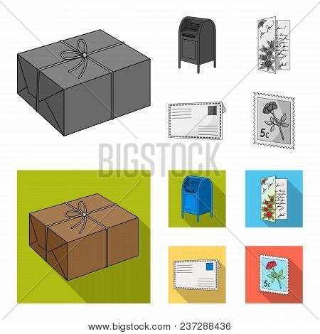 Mailbox, Congratulatory Card, Postage Stamp, Envelope.mail And Postman Set Collection Icons In Monoc