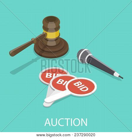 Auction Flat Isometric Vector Concept. Hammer, Microphone And Bidding Paddles.