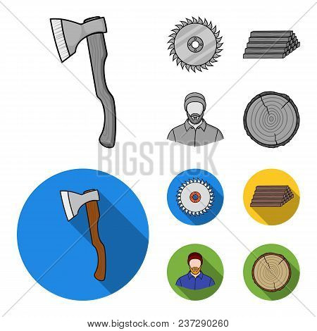 Circular Saw, A Working Carpenter, A Stack Of Logs. A Sawmill And Timber Set Collection Icons In Mon