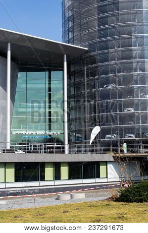 Dresden, Germany - April 2 2018: Electric Cars In Glaserne Manufaktur - Transparent Factory On April