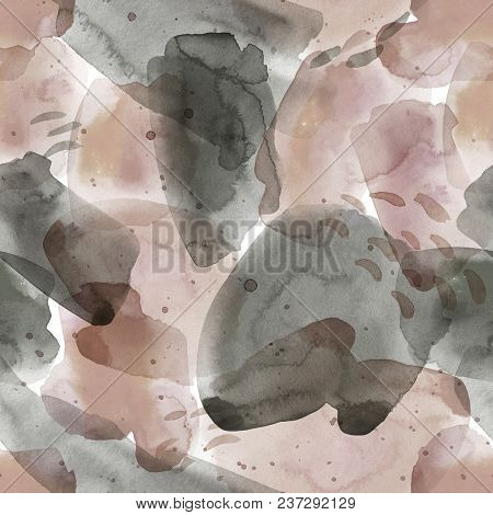 Gray Seamless Pattern Illustration With Watercolor Pink, Gra, Blacky And Beige Spots And Blemishes. 