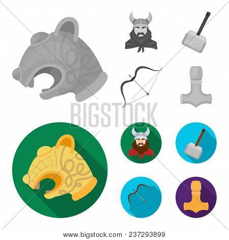 Viking In Helmet With Horns, Mace, Bow With Arrow, Treasure. Vikings Set Collection Icons In Monochr