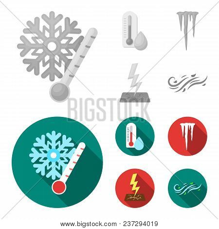 Humidity, Icicles, Thunderbolt, Windy Weather. Weather Set Collection Icons In Monochrome, Flat Styl