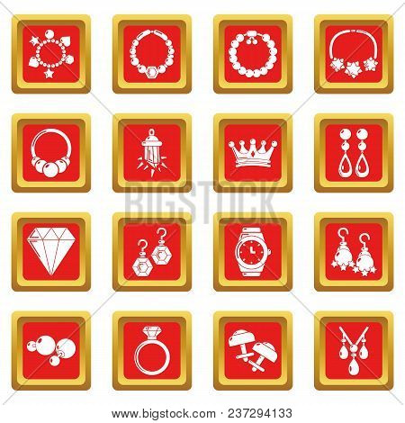 Jewelry Shop Icons Set Vector Red Square Isolated On White Background