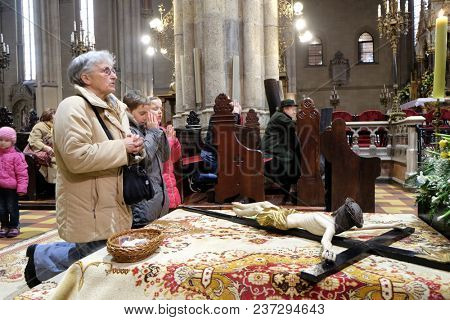 ZAGREB, CROATIA - 04 APRIL: The crucifix in front of God's tomb, was exhibited on Holy Saturday and prepared for veneration in the Zagreb Cathedral on April 04, 2015