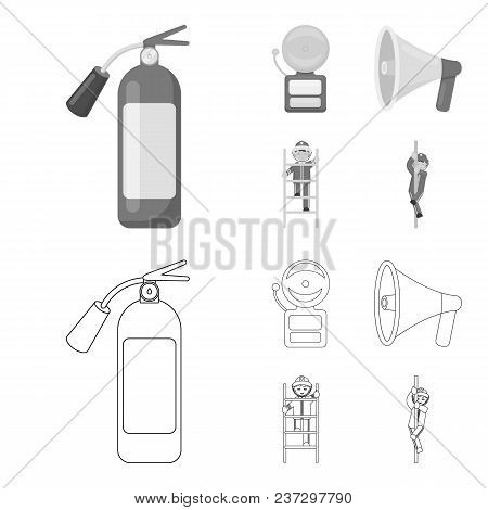 Fire Extinguisher, Alarm, Megaphone, Fireman On The Stairs. Fire Departmentset Set Collection Icons 
