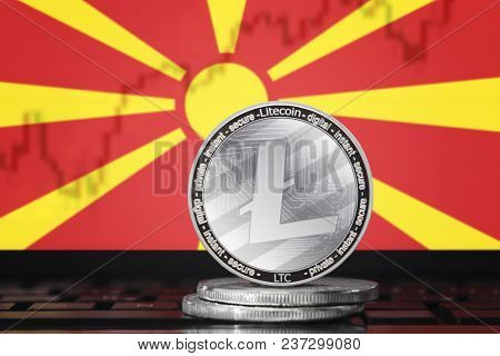Litecoin (ltc) Cryptocurrency; Coin Litecoin On The Background Of The Flag Of Macedonia