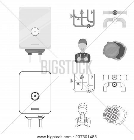 Boiler, Plumber, Ventils And Pipes.plumbing Set Collection Icons In Outline, Monochrome Style Vector