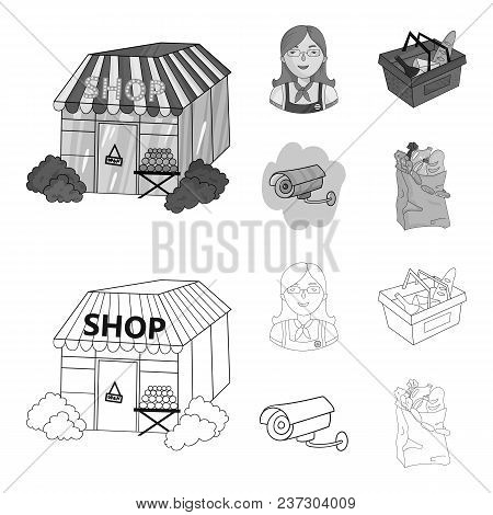 Salesman, Woman, Basket, Plastic .supermarket Set Collection Icons In Outline, Monochrome Style Vect