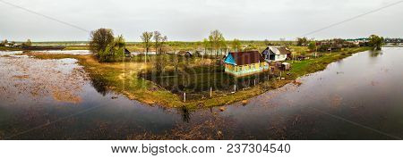 Spring Melting River Flood Aerial Panorama. Overflow Water At Springtime