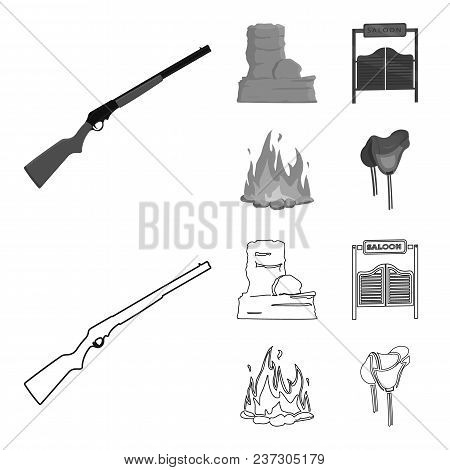 Winchester, Saloon, Rock, Fire.wild West Set Collection Icons In Outline, Monochrome Style Vector Sy