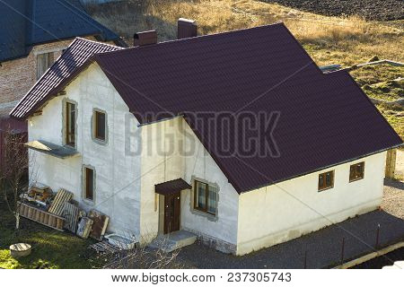 Brand New Spacious Brick Plastered Two Story Residential Family House With Brown Tiling Roof And Win