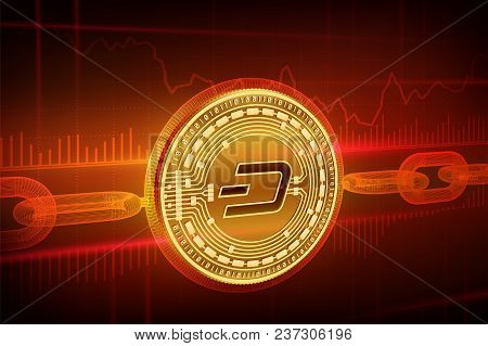 Crypto Currency. Block Chain. Dash. 3d Isometric Physical Golden Dash Coin With Wireframe Chain. Blo