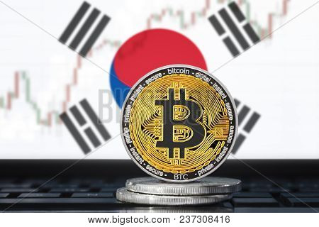 Bitcoin (btc) Cryptocurrency; Coin Bitcoin On The Background Of The Flag Of South Korea (rok)