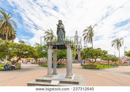 Otavalo April 2018 Calderon Park  In A Sunny Day Visited For Its Colonial Style. This Is The Statue 