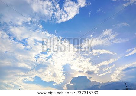 Beautiful Nature Blue Sky With Clouds And Sunset, Sky Clouds Background, Cloudscape Concept. Space F