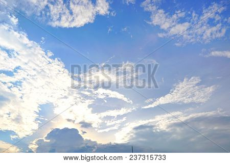 Beautiful Nature Blue Sky With Clouds And Sunset, Sky Clouds Background, Cloudscape Concept. Space F