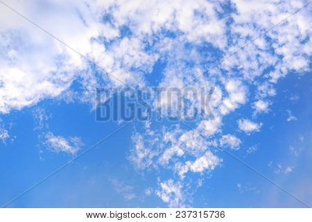 Beautiful Nature Blue Sky With Clouds, Sky Clouds Background, Cloudscape Concept. Space For Text In 