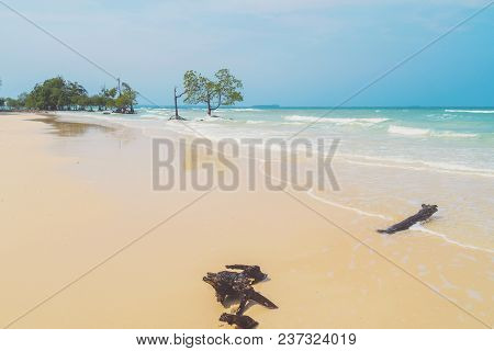 White Clean Sand On The Beach Of A Desert Island With A Transparent Crystal-clear Turquoise Water. B