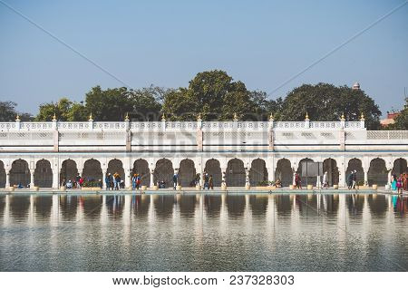 Sacred Pond In Front Of The Temple Gurudwara Bangla Sahib, Golden Temple In Delhi