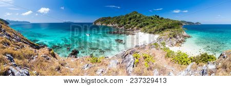 Panorama Aerial View point of Tropical white sand beach and snorkel point at cockburn island andaman sea indian ocean Myanmar and Thailand.