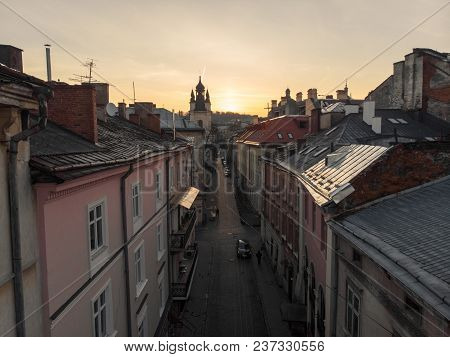 Beauty Panoramic View On Sunrise Over Old European City