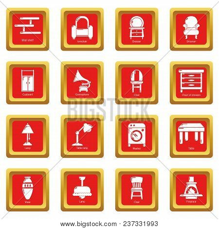 Interior Furniture Icons Set Vector Red Square Isolated On White Background