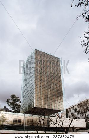 Madrid, Spain - April 7, 2018:  Low Angle View Of Castelar Tower In Castellana Avenue In Madrid Agai